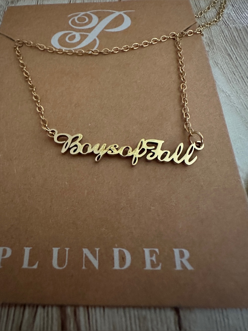 Plunder Gold Script Nameplate Necklace with 'BoysofFall'